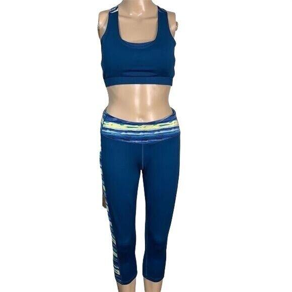 Gaiam Womens Leggings Yoga Pilates Athletic Workout Teal Yellow Medium - Picture 2 of 11